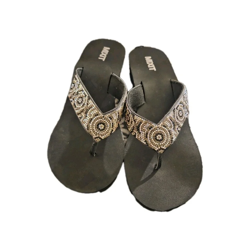 Mixit Women's‎ Size 10 Black Jeweled Platform Flip Flops Sandals Rhinestone...